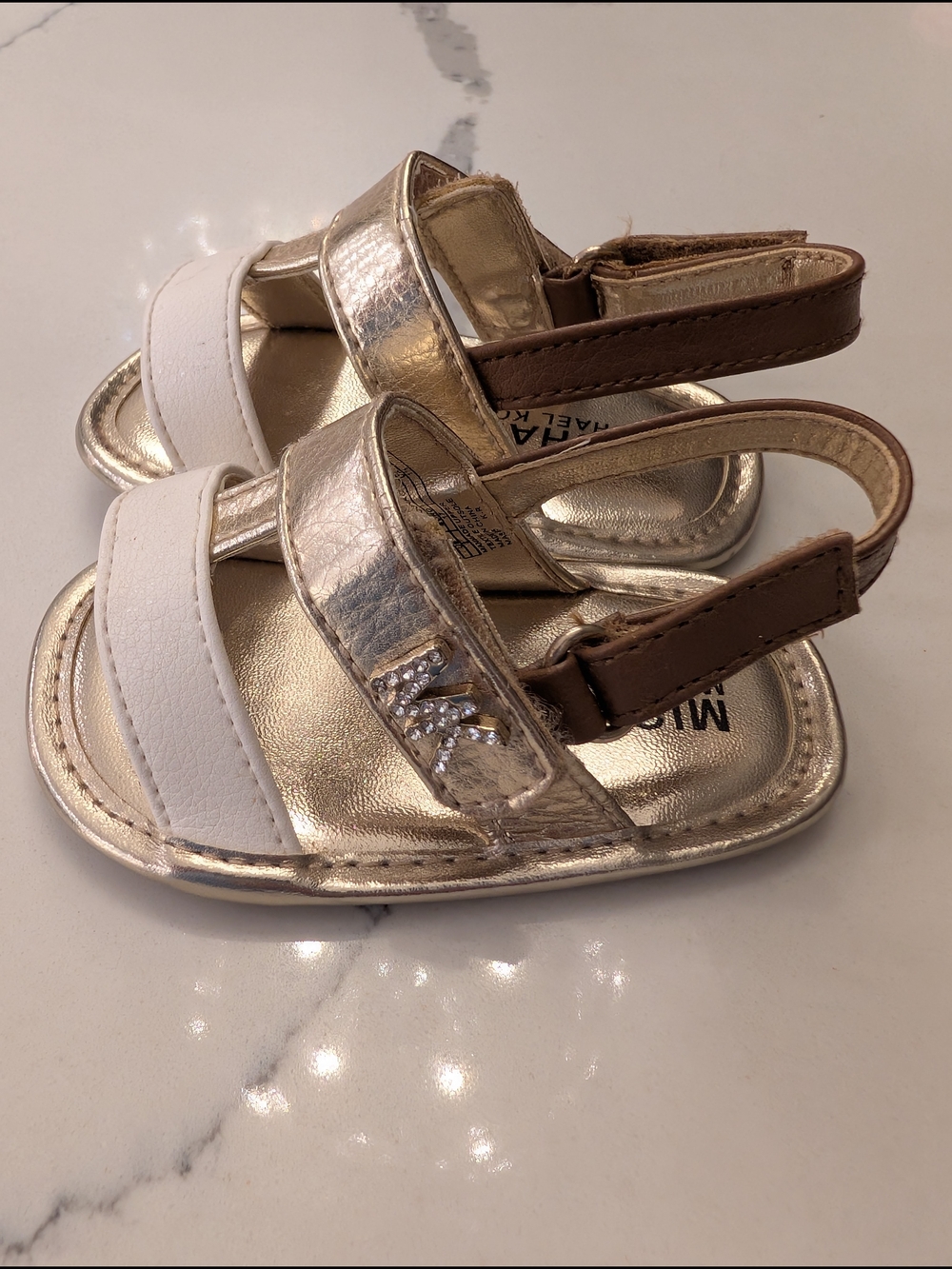 Michael Kors Metallic Gold & White Sandals with Brown Strap Baby Size 2